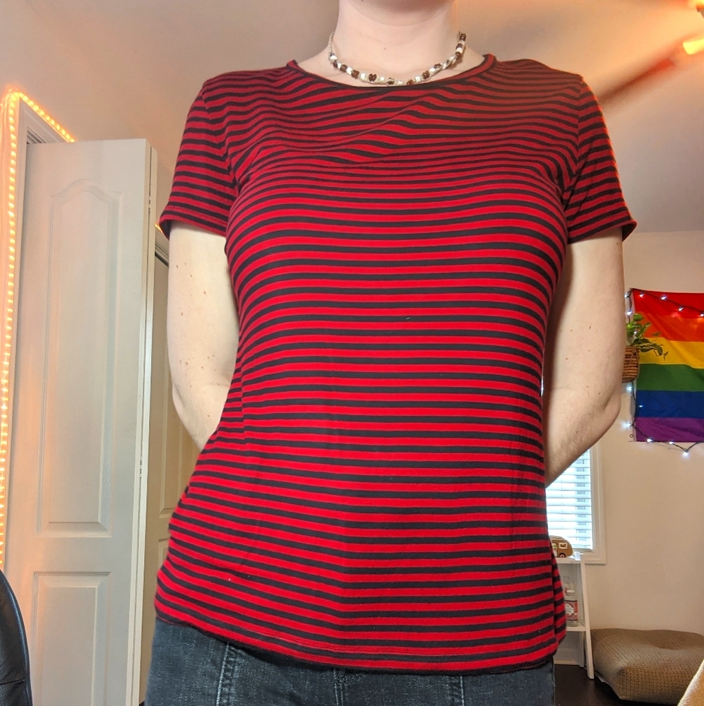 Red and black horizontally striped shirt